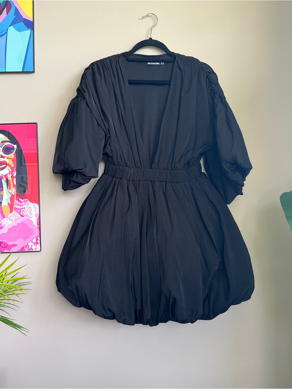 PrettyLittleThing Black Balloon Sleeve Bubble Hem Mini Dress US 6 UK 10